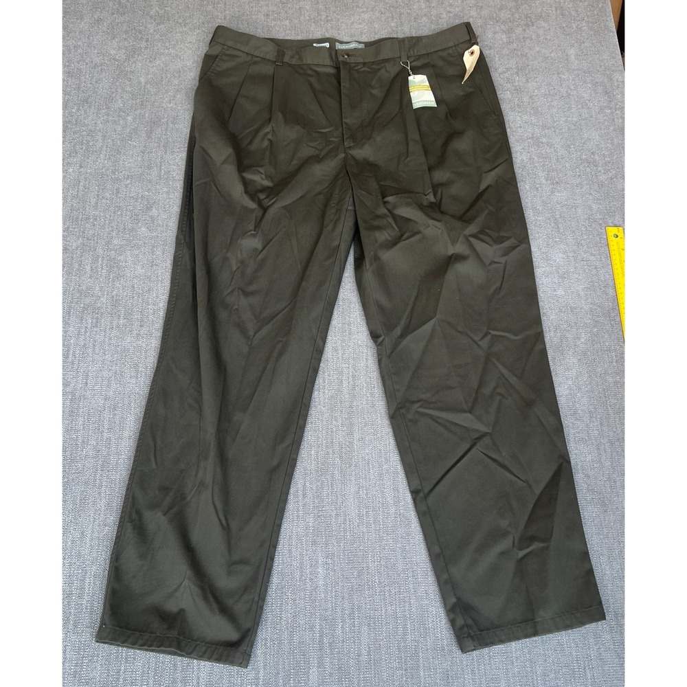 Evergreen Chino Pants Mens 44x34 Olive Green Pleated Wrinkle Resistant Classic